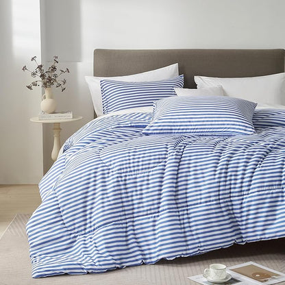 mixinni Striped Comforter Set Full Size - Blue Stripes Pattern Bed Set for All Season, 3 Pieces Lightweight Bedding Comforter Sets for All Seasons (1 Soft Fluffy Comforter + 2 Pillowcases)