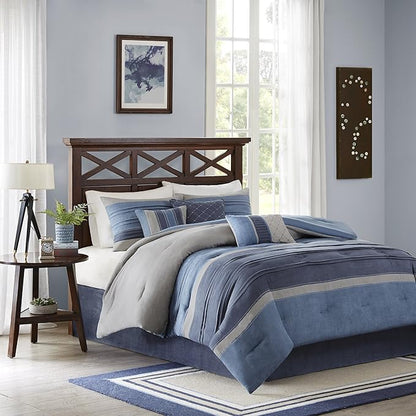 Madison Park Cozy Comforter Set Casual Modern Design - All Season Bedding, Matching Bed Skirt, Decorative Pillows, Collins, Suede Blue Grey King(104"x92") 7 Piece