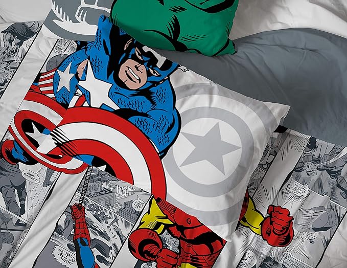 Jay Franco Kids Sheet Cartoon Set with Fitted, Flat Sheets & Pillow Cover - Ultra-Soft Bedding with Pillowcase for Room Decor, White - Avengers, 4 Piece Full