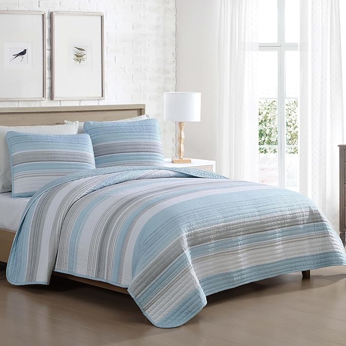 Beatrice Home Fashions Coralinn Striped 2-Piece Quilt Set, Lightweight, All-Seasons, Twin, Blue Gray