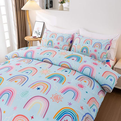 Btargot Lightweight Soft 3 Piece Rainbow Comforter Set with 2 Pillow Covers, Cartoon Love Hearts Suns and Stars Bedding Set for Girls Boys Kids, Twin Light Blue