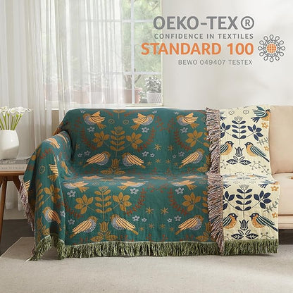 Boho Throw Blanket for Bed 80”x90”, 100% Cotton Woven Blanket for Couch Sofa, Ultra Soft 4-Layer Muslin Quilt with Bird Floral Printed, Farmhouse Bed Blanket/Cover for Living Room Decor