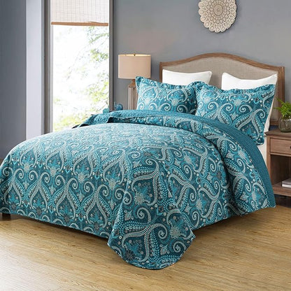 Travan 3-Piece Cotton Quilt Set Quilted Bedding Set for All Season, Cyan Blue Flower, Queen Size