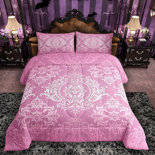Feelyou Adults Pink Vintage Damask Floral Comforter Set Oriental Antique Comforter Twin Size Gothic Bohemia Boho Floral Bedding Set Bohemian Exotic Duvet Set Quilt Set 2Pcs