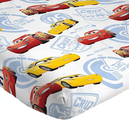 Jay Franco Kids Sheet Cartoon Set with Fitted, Flat Sheets & Pillow Cover - Ultra-Soft Bedding with Pillowcase for Room Decor, White - Cars, 3 Piece Twin