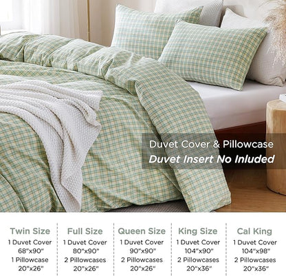 TOCOMOA Plaid Duvet Cover Set 100% Washed Cotton Like Linen Feel Super Soft Comfy 3 Piece Green and Yellow Gingham Checkered Bedding Comforter Cover Set (King 104"x90", Comforter Not Included)