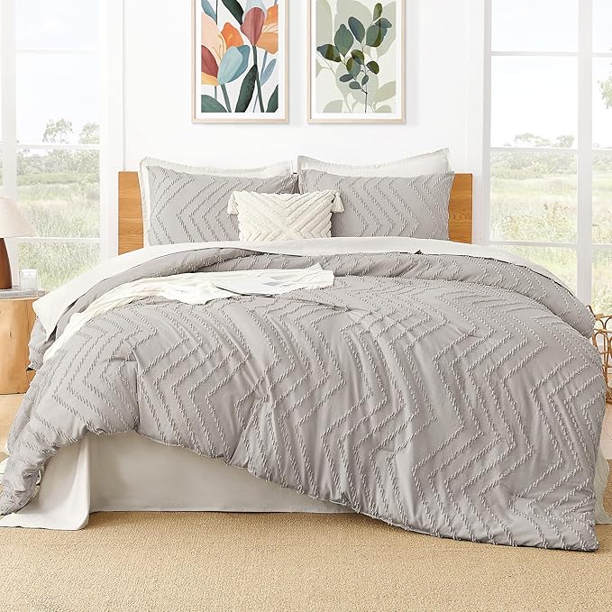 Litanika Linen Queen Size Comforter Sets, 3 Pieces Lightweight Chevron Tufted Bedding Comforter Set, Fluffy Down Alternative Comforter Bed Set Gift Choice (90x90In Comforter and 2 Pillowcases)