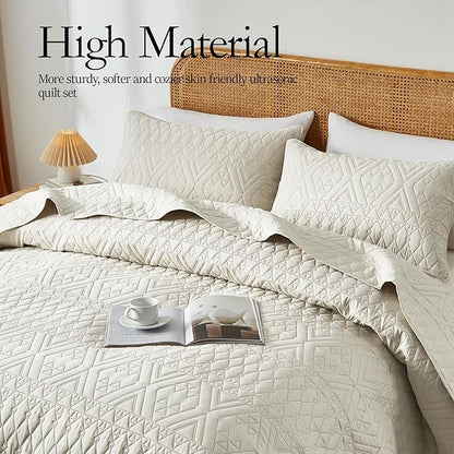 akkialla Full/Queen Quilt Set, Boho Style in a Solid Color, Cream Lightweight Microfiber Bedspread, Soft and Breathable Coverlet for All Seasons, 3-Piece Bedding Set (1 Quilt, 2 Pillow Shams)