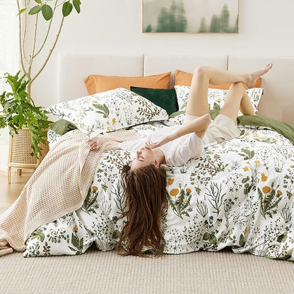 Bedsure Duvet Cover Twin Size - 100% Cotton Reversible Floral Twin Duvet Cover Set with Zipper Closure, 2 Pieces Soft & Breathable PureWoven Bedding Set with 1 Pillow Sham 20"x26"