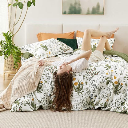 Bedsure Duvet Cover Full Size - 100% Cotton Reversible Floral Full Duvet Cover Set with Zipper Closure, 3 Pieces Soft & Breathable PureWoven Green Bedding Set with 2 Pillow Shams 20"x26"