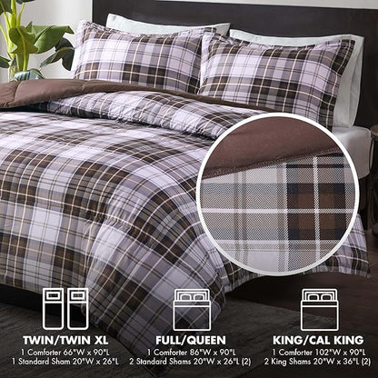 Madison Park Essentials Parkston Plaid Comforter, Matching Sham, 3M Scotchguard Stain Release Cover, Hypoallergenic All Season Bedding-Set, King/California King, Brown, 3 Piece