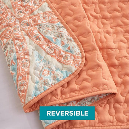 Comfort Spaces Reversible Quilt Set-Vermicelli Stitching Design All Season, Lightweight, Coverlet Bedspread Bedding, Matching Shams, King (104 in x 90 in), Gloria Damask Coral 3 Piece