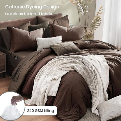 Monbix Queen Comforter Set - 7 Pieces Cationic Dyeing Chocolate Brown Bed in a Bag Queen Bedding Sets with Comforter, Sheets, Pillowcases & Shams, Reversible Bedding Comforters Sets
