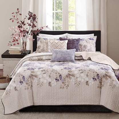 Madison Park Luna Quilt Modern Classic Design All Season, Breathable Coverlet Lightweight Bedding Set, Matching Shams, Decorative Pillow, King/Cal King(104"x94"), Floral Taupe 6 Piece