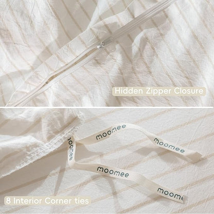 MooMee Striped Duvet Cover Set 100% Washed Cotton Linen Like Textured Breathable Durable Soft Comfy (White Almond Milk Grey Wide Stripes, Super Queen 90"x98")
