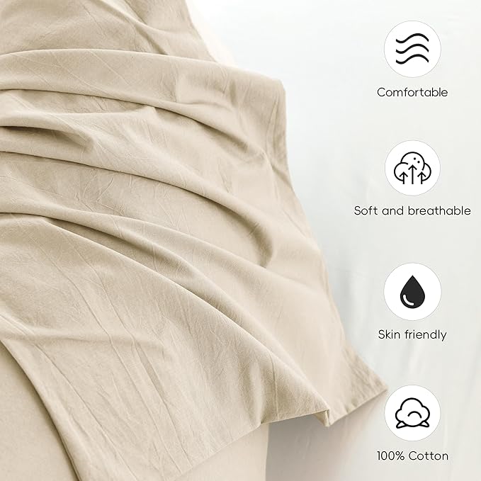 MooMee Bedding Pillowcases Pack of 4 100% Washed Cotton Linen Like Textured Breathable Durable Soft Comfy (Heathered Almond Milk Grey, King)