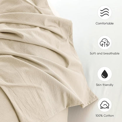 MooMee Bedding Pillowcases Pack of 4 100% Washed Cotton Linen Like Textured Breathable Durable Soft Comfy (Heathered Almond Milk Grey, King)