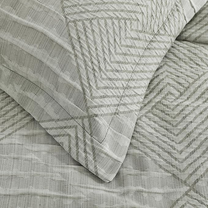 MaiRêve King Comforter Set Crinkle Textured, Light Olive Green Diamond Boho Bedding Set 7 Pieces Bed in A Bag, All Season Geometric Comforter Set with Sheets, Pillowcases & Shams