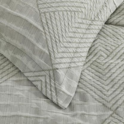 MaiRêve King Comforter Set Crinkle Textured, Light Olive Green Diamond Boho Bedding Set 7 Pieces Bed in A Bag, All Season Geometric Comforter Set with Sheets, Pillowcases & Shams