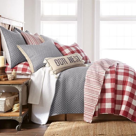 Levtex Home Cross Stitch Reversible King/Cal King Quilt Set (106x92in) and 2 Pillow Shams (36x20in) - Stitch Texture - Grey White - Cotton King Size Quilt Bedding Set - Lightweight Soft Pre-Washed