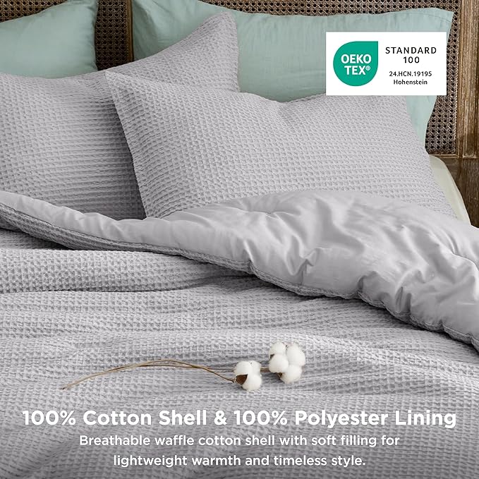 Bedsure Waffle Comforter Set King, Grey Soft Bedding, Waffle Weave Bed Set, 3 Pieces, 1 Comforter (104"x90") and 2 Pillow Shams, Cotton Shell and Polyester Lining for All Seasons
