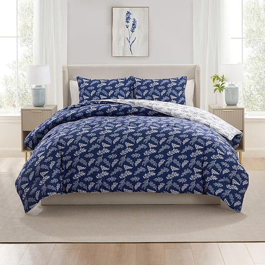 Nestl Queen Comforter Set - Majestic Blue Bed in a Bag Queen Size, 3 Pieces Reversible Bed Set, Soft Floral Bedding Set, All Season Botanical Comforters with Pillow Shams