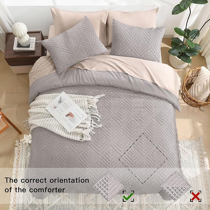 Litanika California King Comforter Set Milk Grey, 3 Pieces Tufted Boho Farmhouse Bedding Comforter Sets, Lightweight Fluffy Comforter Bed Set for All Season (104x96In Comforter and 2 Pillowcases)