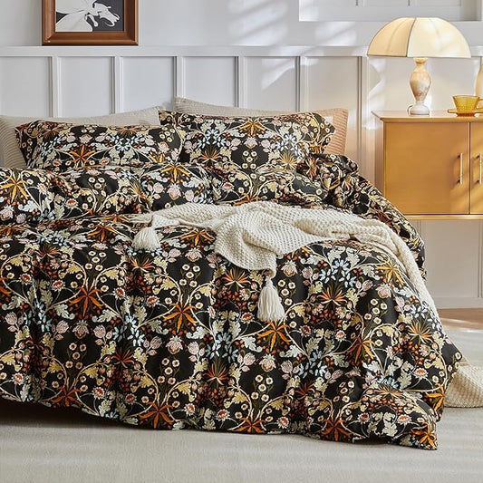 mixinni Duvet Cover Twin XL Size, Cotton Percale Farmhouse Bedding Sets Soft Aesthetic Flowers Plants Comforter Cover for All Season, 3 Pieces Cute Floral Bedding Comforter Set for Women-Twin XL