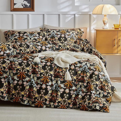 mixinni Duvet Cover Full Size, Cotton Percale Farmhouse Bedding Sets Soft Aesthetic Flowers Plants Comforter Cover for All Season, 3 Pieces Cute Floral Bedding Comforter Set for Women-Full Size