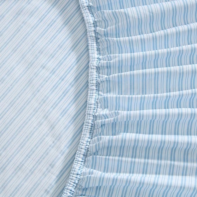 Laura Ashley - Full Sheet Set, Crisp & Cool Cotton Percale Bed Sheets, Deep Pockets, Striped Bedding with Matching Fitted Sheet & Pillowcases (Bedford Skinny Stripe Blue)