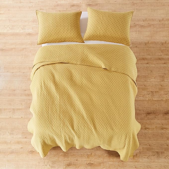 Levtex Home Cross Stitch Reversible King Bedspread Set (120x104in) with 2 Pillow Shams (36x20in) - Stitch Texture - Ochre - Cotton King Size Bedspread Set - Soft, Pre-Washed