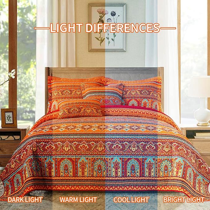 BEDIFANY Cotton California King Quilt Set - Lightweight Boho Bedspread Oversized King Size - Colorful Orange Stripe King Size Quilt Bedding Sets (108 * 118 Inch) for Bed Decorations Coverlet, 3 Pieces