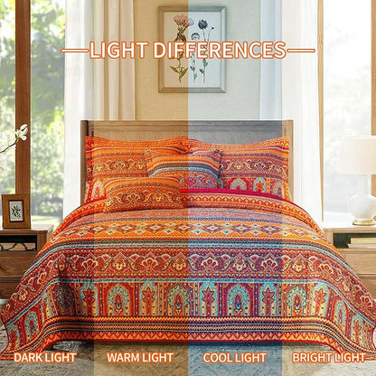 BEDIFANY Cotton King Size Quilt Set - Boho Lightweight King Bedspread - Colorful Orange Reversible Coverlets Quilt Bedding Sets - Oversized King Quilt Set for Bed Decorations for All Seasons, 3 Pieces
