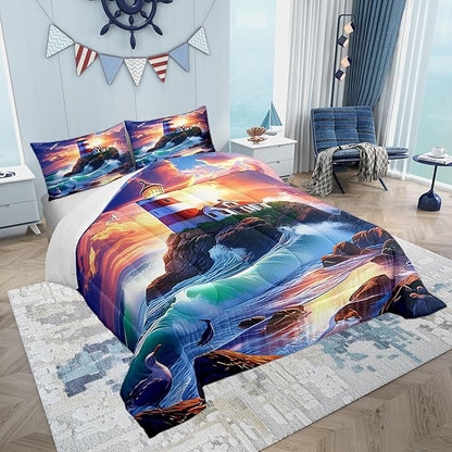 Castle Fairy 3D Lighthouse Comforter Set Full Size Dreamy Sunset Sky Bedding Set Toddler Bedroom Decor Natural Coastal Scenery All Season Quilt Set Ocean Wave Bedding Comforter Sets,3Pcs
