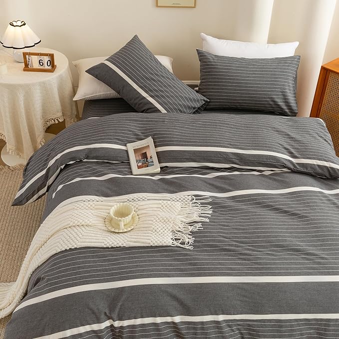 ECOCOTT Duvet Cover Set, 100% Washed Cotton Linen-Like Textured Soft & Breathable, Durable Comfy Bedding Set for All Seasons California King Size, Grey Stripes