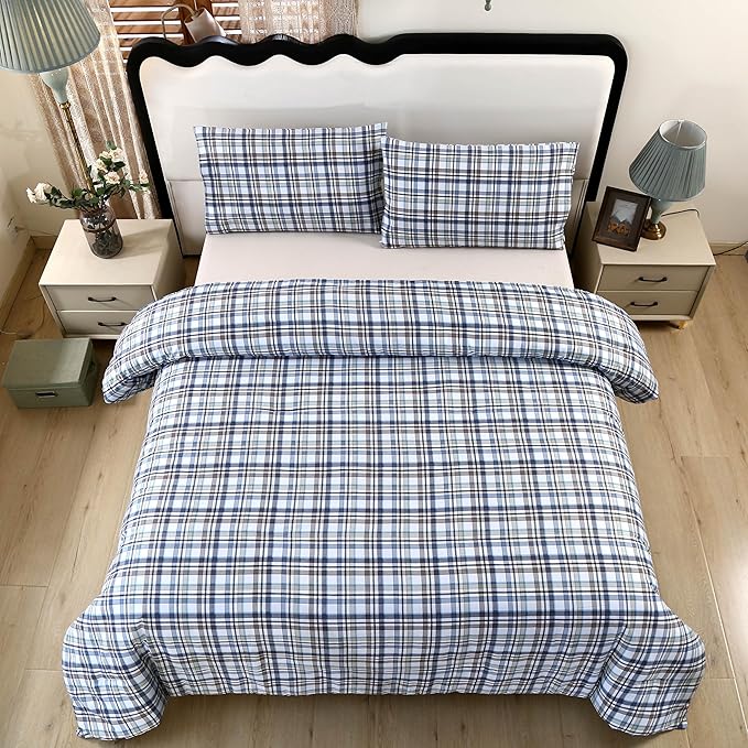 SDIII 3PCS Blue Gingham Queen Comforter Set 100% Washed Microfiber Lightweight Soft Blue Gingham Bedding Queen Farmhouse Shabby Chic Checkered