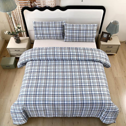 SDIII 3PCS Blue Gingham Comforter Set Twin 100% Washed Microfiber Lightweight Blue Gingham Bedding Set Twin Farmhouse Shabby Chic Checkered All Season