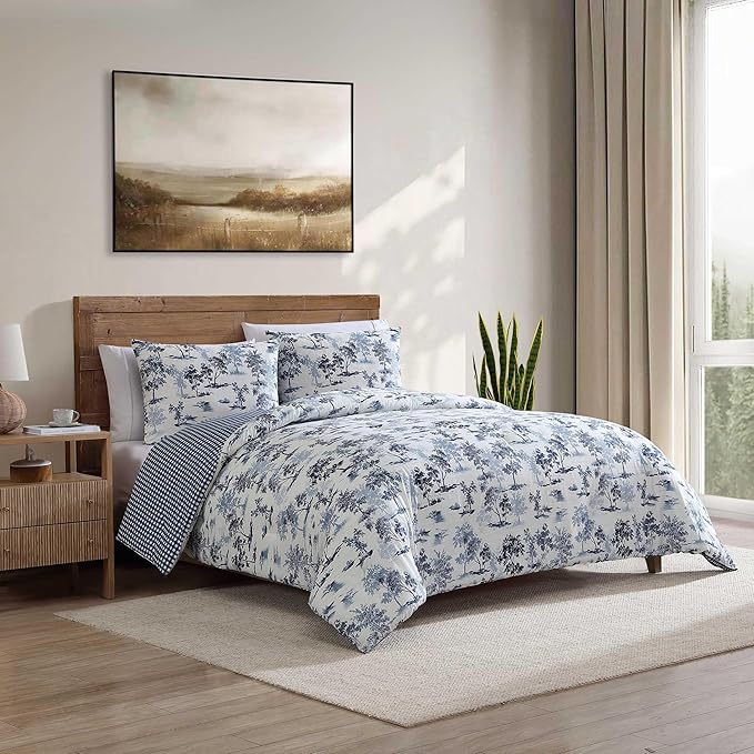Eddie Bauer - King Comforter Set, Super Soft Reversible Bedding with Matching Shams, Buffalo Check Reverse, Rustic Inspired Room Essentials (Vintage Forest Toile Blue, King)