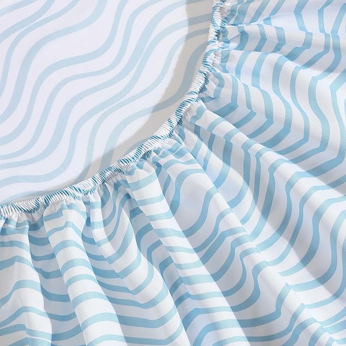 Nautica - Sheet Set, Breathable & Cooling Microfiber Bedding with Matching Pillowcases, Deep Pocket, Fully Elasticized (Linearly Waves Ocean Breeze Blue, Full)