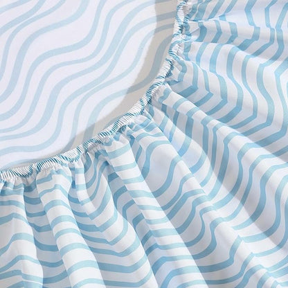 Nautica - Sheet Set, Breathable & Cooling Microfiber Bedding with Matching Pillowcase, Deep Pocket, Fully Elasticized (Linearly Waves Ocean Breeze Blue, Twin XL)