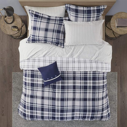 Madison Park Essentials Cozy Bed in A Bag - Reversible Comforter with Complete Sheet Set, Casual Plaid Cabin Design, All Season Cover, Decorative Pillow, Patrick Plaid Navy King(104"x92") 8 Piece