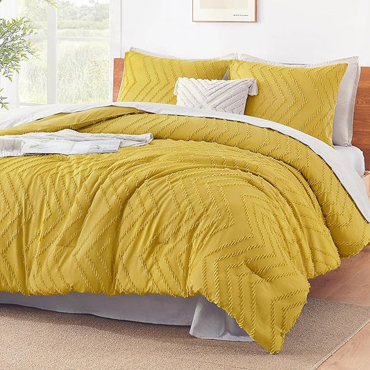 Litanika Mustard Yellow Queen Size Comforter Sets, 3 Pieces Lightweight Chevron Tufted Bedding Comforter Set, Fluffy Down Alternative Comforter Bed Set Gift Choice