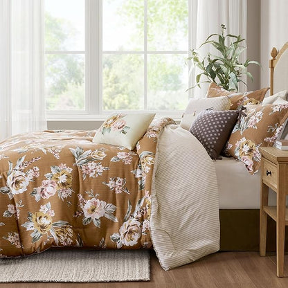 Madison Park Vintage Floral Reversible Comforters King Size Bed, All Season, Down Alternative Bedding Comforter, Bedskirt, Pillows, Shams, Salara, Queen Terracotta 7 Piece | Reversible