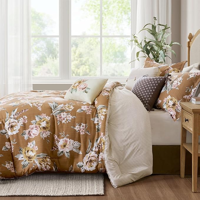 Madison Park Vintage Floral Reversible Comforters King Size Bed, All Season, Down Alternative Bedding Comforter, Bedskirt, Pillows, Shams, Salara, Cal King Terracotta 7 Piece | Reversible