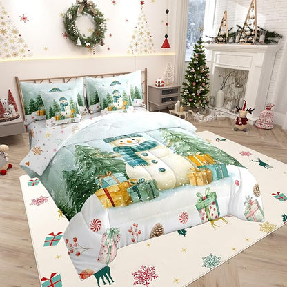 Kawaii Snowman Comforter Set 7 PCS,Cartoon Christmas Trees Gifts Bed Set for Girls Kids,Winter Christmas Theme Bed in a Bag Bedding Set with Comforter,Sheet Set,Pillowcases,Pillow Covers,Queen