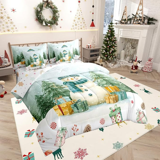 Kawaii Snowman Comforter Set 7 PCS,Cartoon Christmas Trees Gifts Bed Set for Girls Kids,Winter Christmas Theme Bed in a Bag Bedding Set with Comforter,Sheet Set,Pillowcases,Pillow Covers,Queen