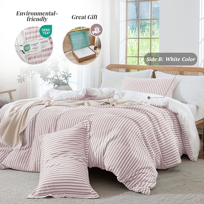 MILDLY Pale Mauve Striped Duvet Cover - 100% Washed Cotton Jacquard Textured Comforter Cover with Dual Zipper Closure & 8 Coner Ties