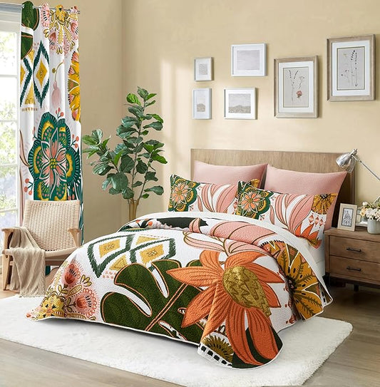 3 Piece Boho Floral Californial King Size Quilt Sets Farmhouse Reversible Lightweight Bedspread Coverlet with 2 Shams Mid Century Leaves Microfiber Bedding Quilts Set for All Season, 118''x106''