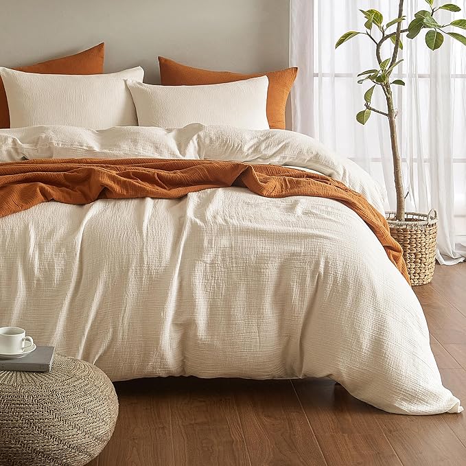SE SOFTEXLY Muslin Duvet Cover Queen Size, 100% Washed Cotton Duvet Cover Set, Ultra Soft Comforter Cover Linen Like, 3 Pieces Minimalist Gauze Duvet Cover with 2 Pillowcases, 80"x90", Off-White