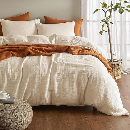 SE SOFTEXLY Muslin Duvet Cover Oversized King Size, 100% Washed Cotton Duvet Cover Set, Ultra Soft Comforter Cover Linen Like, 3 Pieces Gauze Duvet Cover with 2 Pillowcases, 98"x120", Off-White
